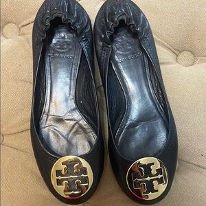 Tory Burch Black Flats with Gold Emblem